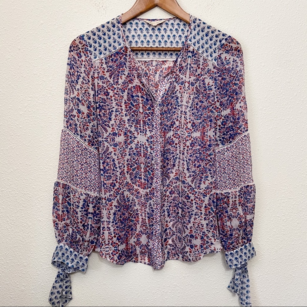 Rebecca Taylor 100% Silk Mixed Print Blouse Size 6 Tie Sleeves